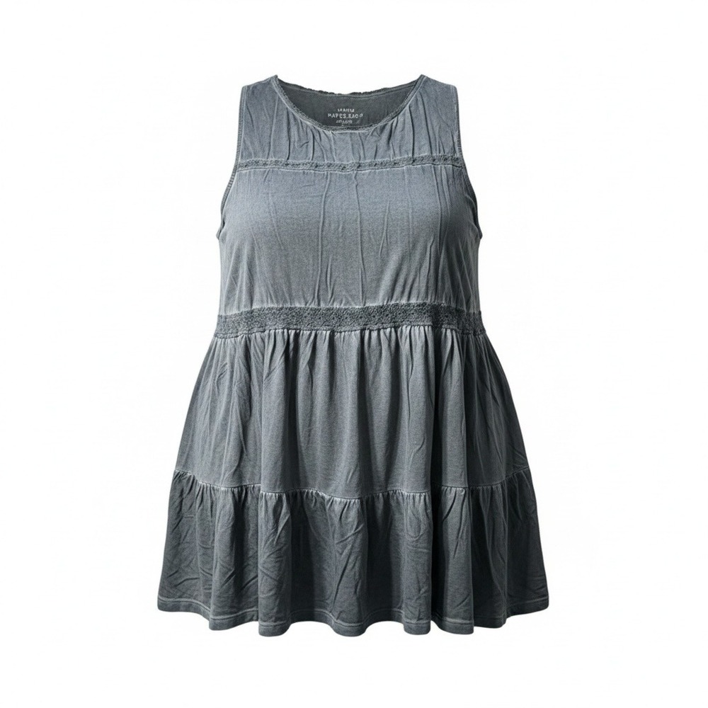 Torrid Babydoll Tank Top Womens 4 Gray Mineral Wash Tiered Lace Boho Soft Knit